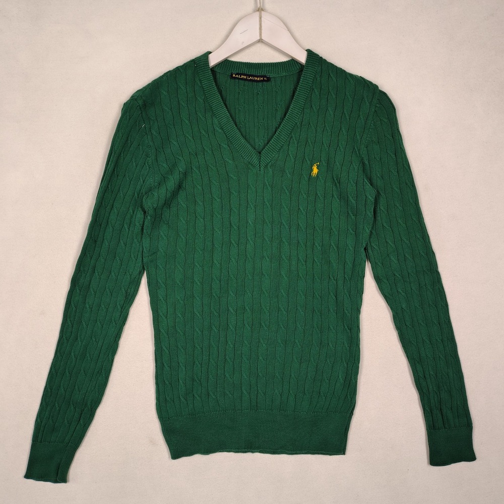 Ralph Lauren Mens V-Neck Cable Knit Sweater Green Yellow Pony XL 354655
